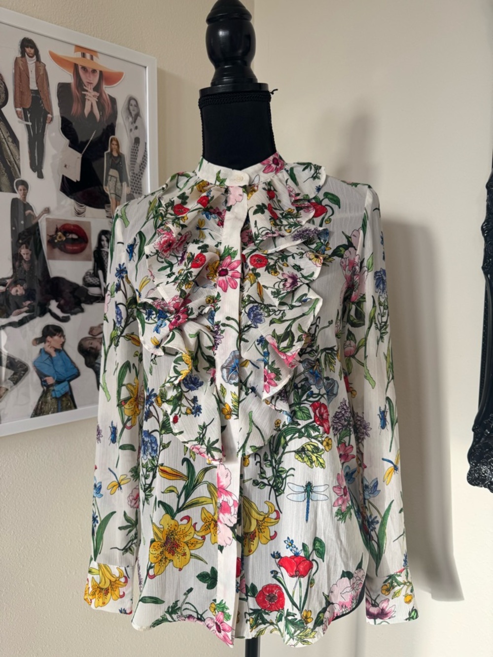 H&M White Floral Ruffle Front Blouse
